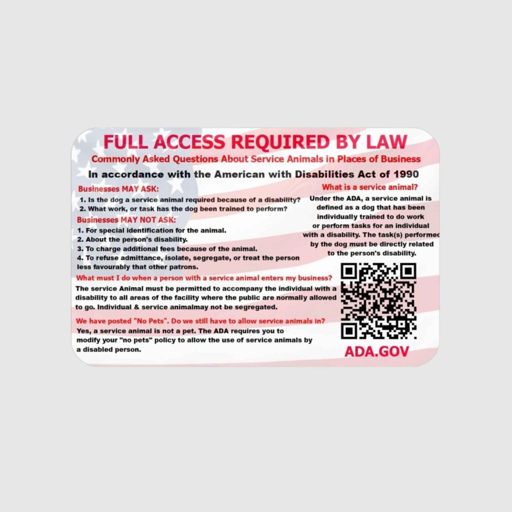 ADA Service Dog Handler card — handler identification with photo, registration number, and emergency contact