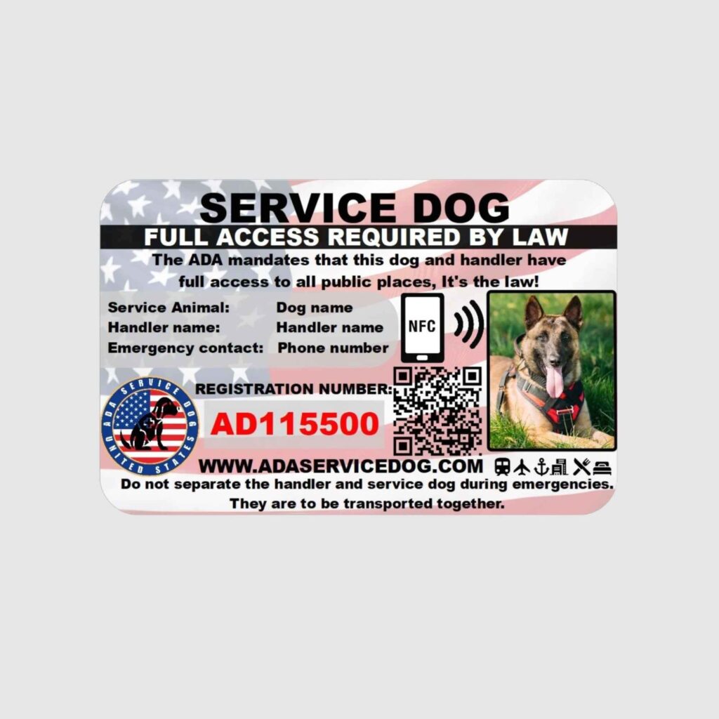 ADA Service Dog ID Card — real product, PVC photo card with flag background, NFC chip, QR code, and registration number